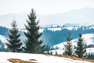 Karlı kış dağlarının manzarası. küçük köy