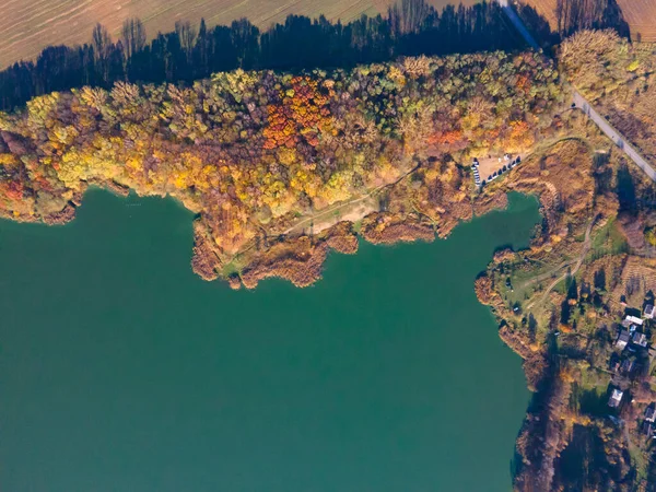 Vista Superior Aérea Lago Praia Outono Com Água Verde — Fotografia de Stock