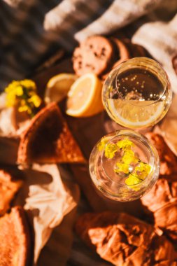 Piknik konsepti şarap kadehleri açık havada battaniyeli yaz zamanı