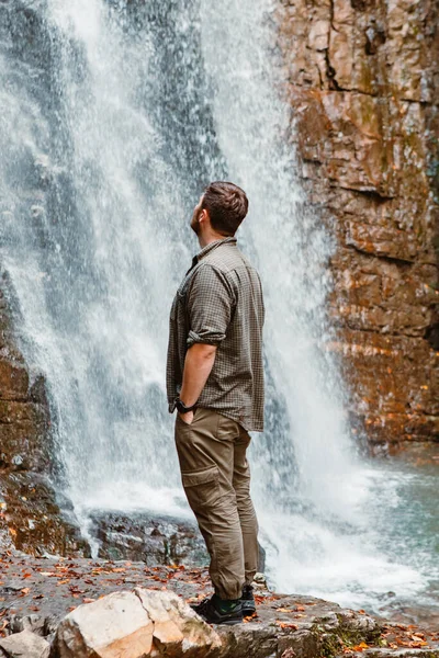 Young Strong Man Hiker Looking Waterfall Copy Space — Stock Photo, Image