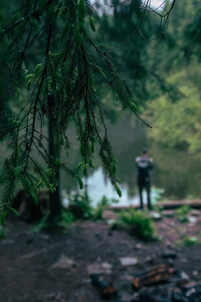 Homme Fort Randonneur Regardant Montagne Lac Concept Voyage Copie Espace — Photo