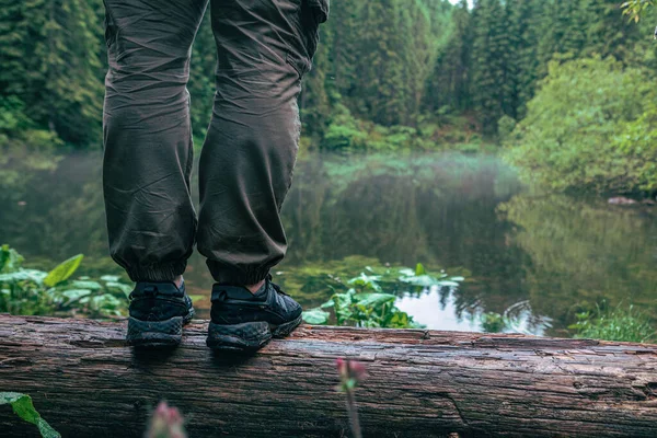 hiking concept wet legs in sneakers near lake in forest copy space