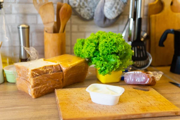 Ingredienser För Att Laga Smörgås Närbild Kopia Utrymme — Stockfoto