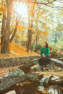 Şehir parkındaki küçük taş köprüde oturan genç ve güzel bir kadın sonbahar havasının tadını çıkarıyor.