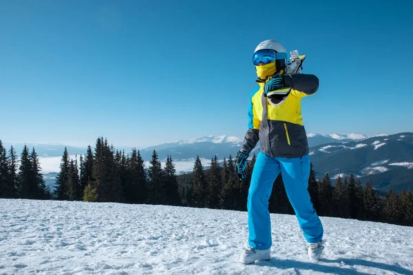 Vrouw Skiër Portret Met Ski Top Van Bergen Winter Vakantie — Stockfoto