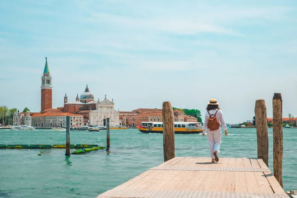 Tourist Woman Looking Basilica San Giorgio Maggiore Venice Italy Copy — Stock Photo, Image