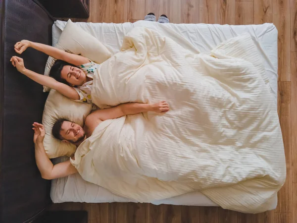 Overhead Top View Couple Bed Copy Space — Stock Photo, Image