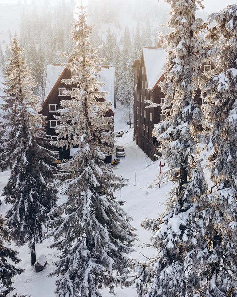 Aerial View Hotel Building Ski Resort Copy Space — Stock Photo, Image