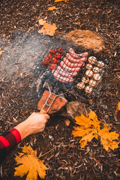 Cooking Food Bonfire Camping Concept Close — Stock Photo, Image
