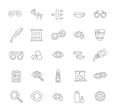 İzole vektör çizim düşünülmeli Optometri vizyon düzeltme gözleri sağlık siyah Icons set