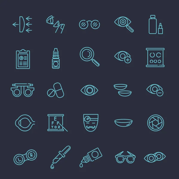 Oculist optometrie visie correctie ogen gezondheid zwarte pictogrammen instellen geïsoleerde vectorillustratie — Stockvector