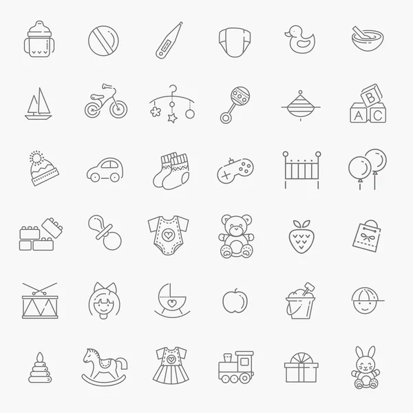 Outline web icon set. Giocattoli per bambini, alimentazione e cura — Vettoriale Stock