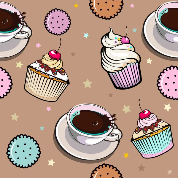 Pattern with cup coffee and cakes — Stock Vector