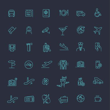 Hava yolculuğu veya Havaalanı Hizmetleri anahat Icon set - illüstrasyon