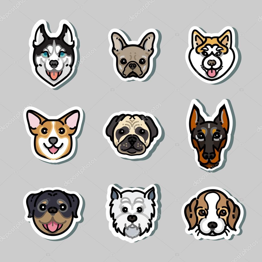 Vector stickers dogs. Doberman, rottweiler, corgi, husky