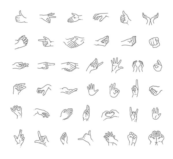 Gestos de mano conjunto de iconos de línea. Iconos incluidos como interacción de dedos — Vector de stock