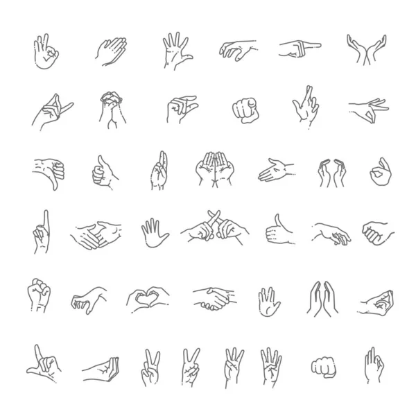 Mão gestos linha ícone definido. Ícones incluídos como interação dedos —  Vetores de Stock
