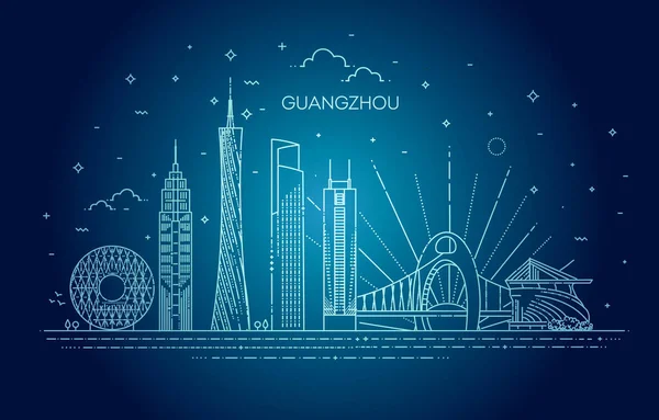 Guangzhou ufuk çizgisi, vektör çizimi doğrusal biçiminde — Stok Vektör