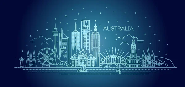 Australie architecture ligne skyline illustration. Paysage urbain vectoriel linéaire avec des monuments célèbres — Image vectorielle