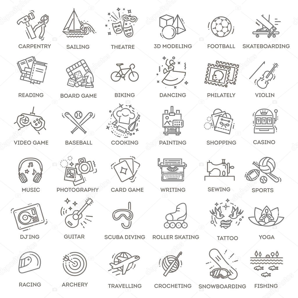 Hobbies and interest detailed line icons set in modern line icon style