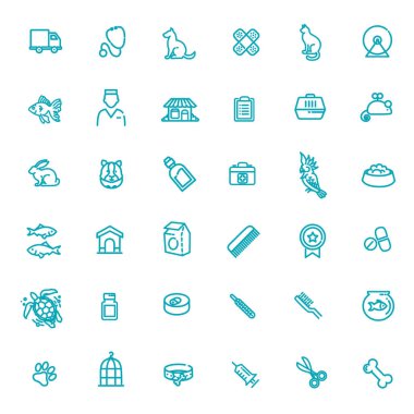 Ana hatlı web vektör simgesi seti - evcil hayvan, veteriner, evcil hayvan dükkanı, hayvan türleri