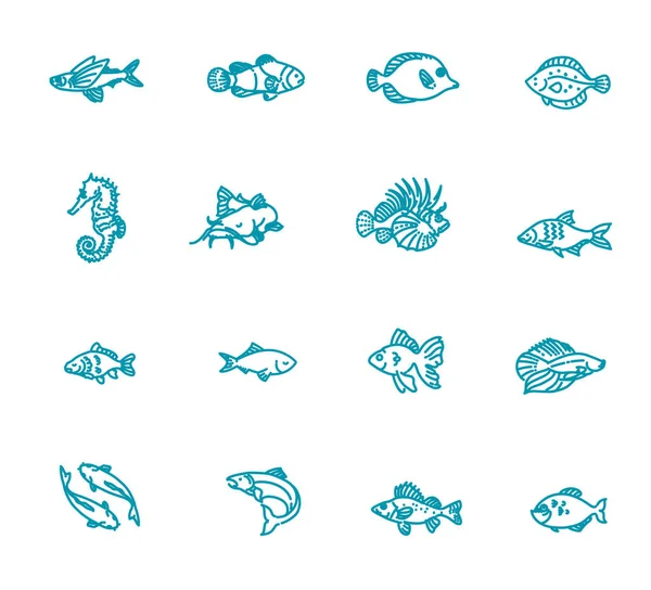 Conjunto de iconos de peces esquema vectorial, acuario — Vector de stock