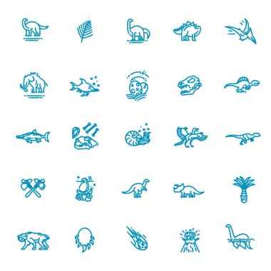 Modern vektör düz çizgi tasarım simgeleri ve dinozor türlerinin piktogramı, tarih öncesi yaşam