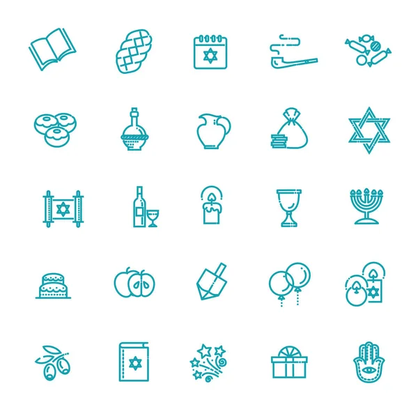 Kolekcja Ikon Judaizmu Izraela Linia Happy Hanukkah Ikony Zestaw — Wektor stockowy