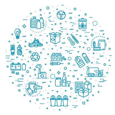 Çöp atıklarının farklı geri dönüşüm tipleri işleme sıralaması, çöp oluşturma yeniden yapılandırması simge vektörü