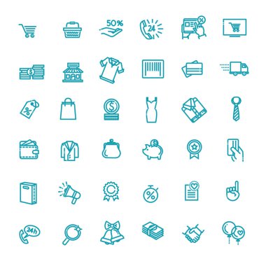 Alışveriş merkezleri, perakende satış - ana hatlı web simgesi koleksiyonu, ince çizgi simgeleri koleksiyonu