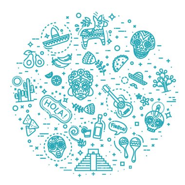 Meksika halkının günlük yaşamının objeleri ve onların simgeleri. Meksika manzarası.