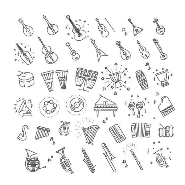 Conjunto Iconos Línea Vectorial Colección Iconos Instrumentos Musicales — Archivo Imágenes Vectoriales