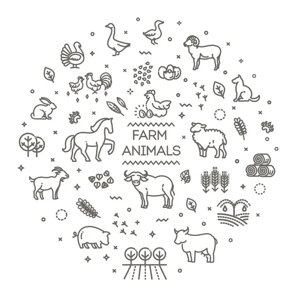 Flat Line Design Farm Animals — Stock Vector