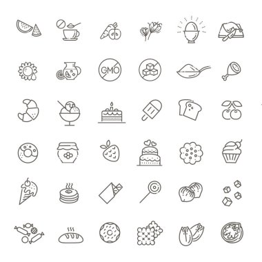 Yiyecek ve içecek ince vektör simgesi ayarlandı