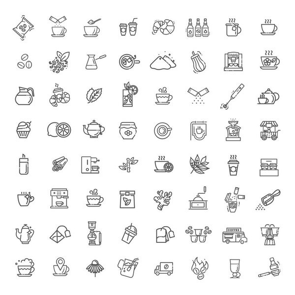 Coffee and tea vector icons set. Thin line design