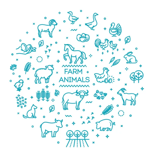 Animais de fazenda, estilo linha fina, design plano. conjunto de ícones vetoriais —  Vetores de Stock