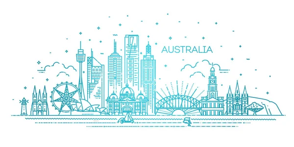 Australia linia architektury Skyline ilustracja. Liniowy krajobraz wektorowy ze słynnymi zabytkami — Wektor stockowy