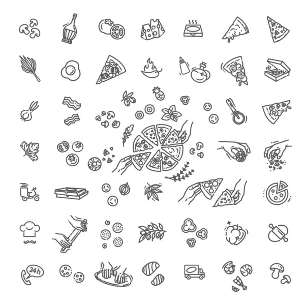 Italiano tradicional pizza vector contorno iconos conjunto — Vector de stock