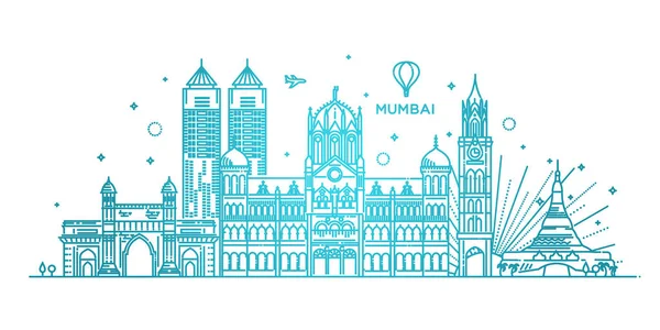 Mumbai detalhou o horizonte. Viagens e turismo fundo. Fundo vetorial. ilustração linha. Estilo de arte de linha —  Vetores de Stock