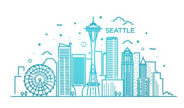 Seattle 'ın bayrağı düz çizgi modasında. Seattle şehir çizgisi.