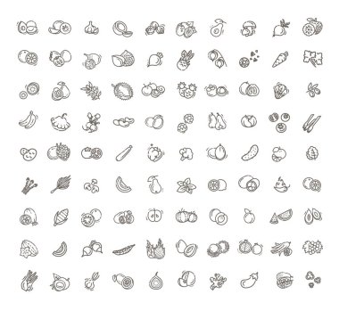 Taze meyve ve sebze. İnce çizgi düz tasarım