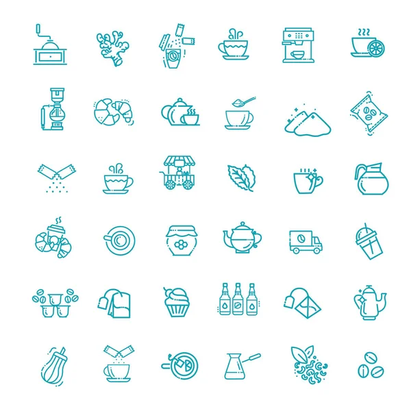 Conjunto de iconos vectoriales de café y té. Diseño de línea delgada — Vector de stock