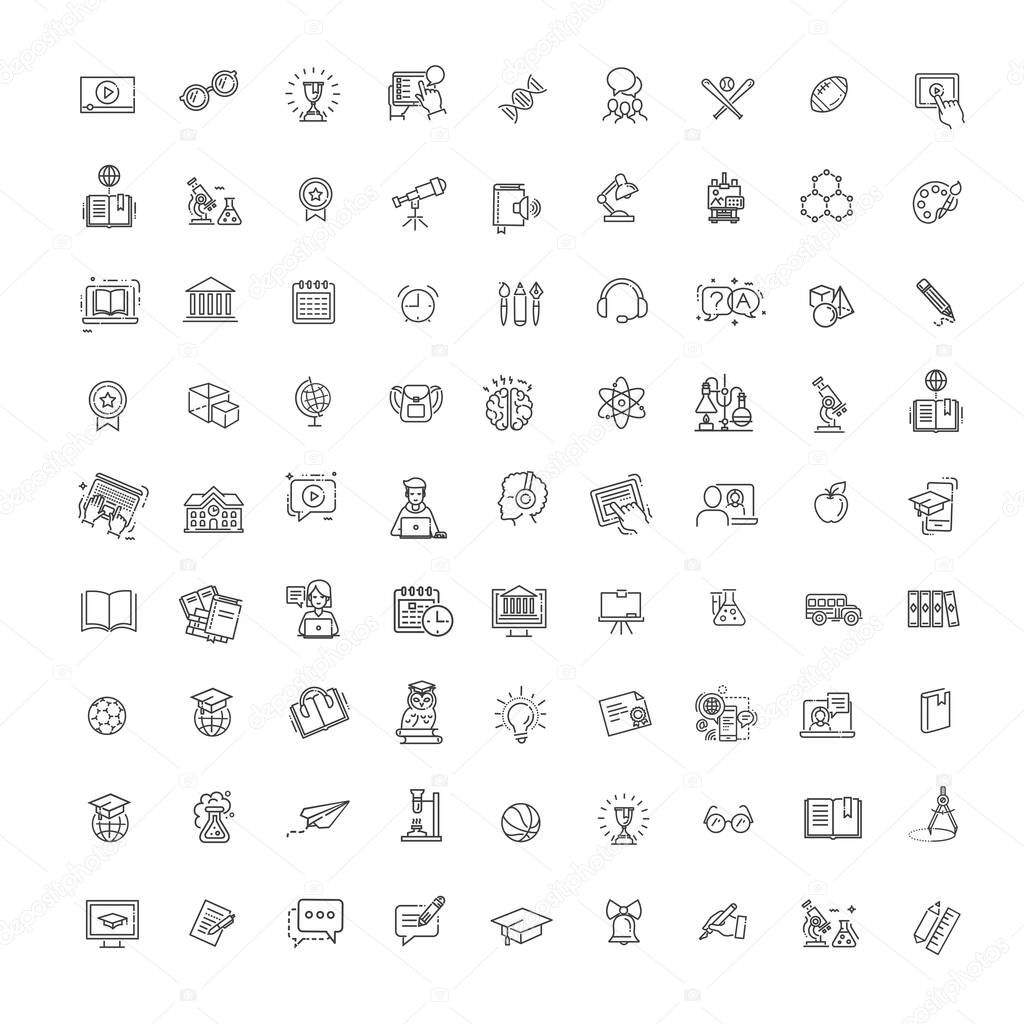 Outline vector line icon collection. School education, online education