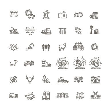 Çiftçilik ve tarım hayatı kavramı. Hasat kamyonları, traktörler, çiftçiler ve köy çiftlik binaları.