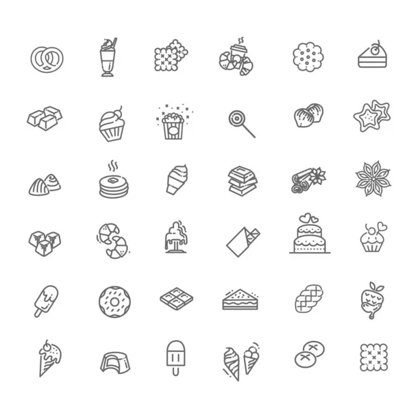 Набор векторных линий икон в плоской конструкции шоколад, десерт и конфеты — стоковый вектор