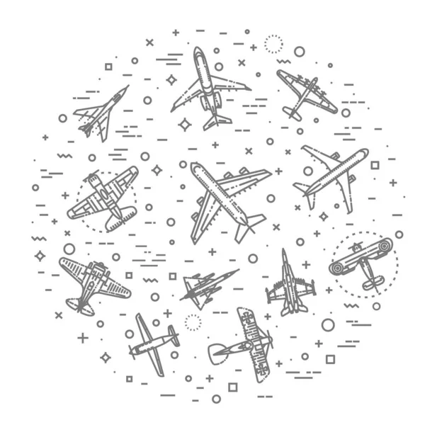 Moderna typer av plan. Stora och små passagerarflygplan. Flygtransport. Vektorillustration i platt stil — Stock vektor