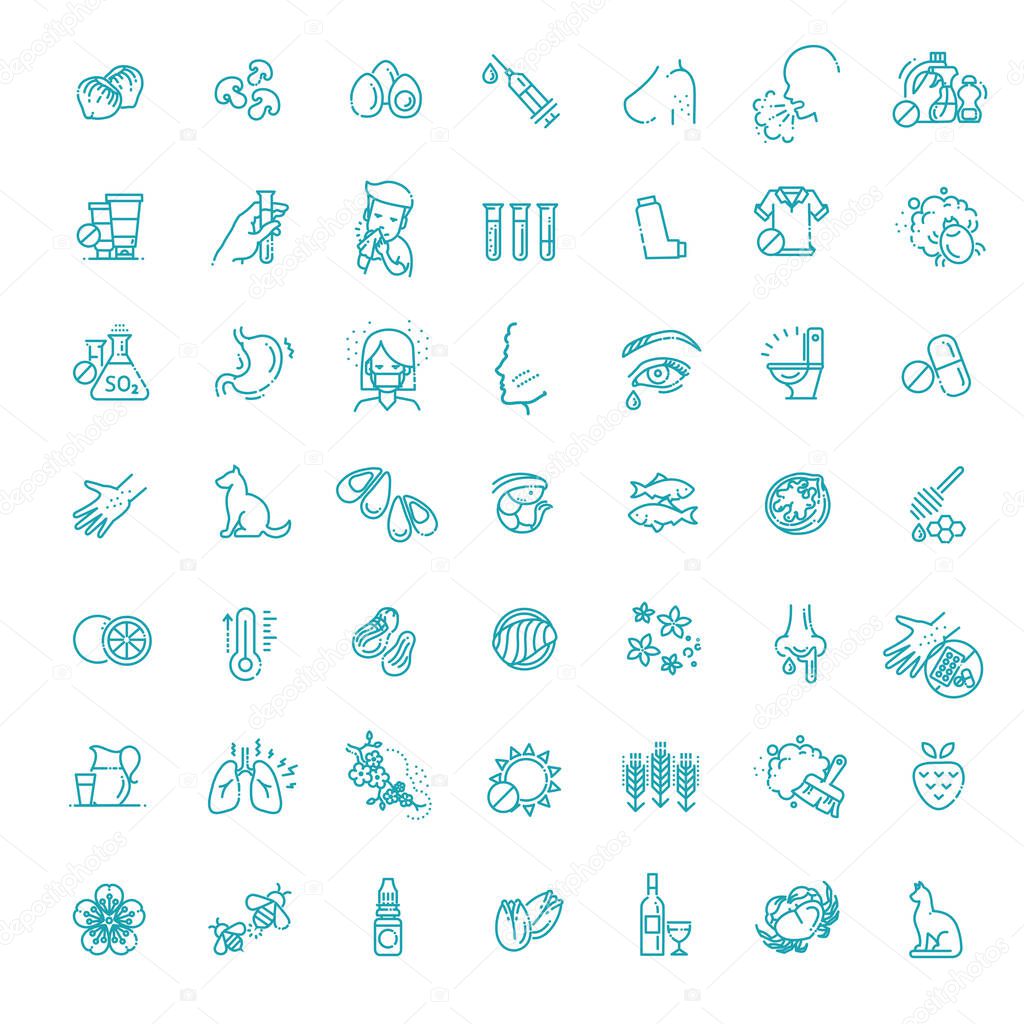 Allergy and Allergens Vector Line Icons Set. Allergy to Animal Hair, Food and Pollen