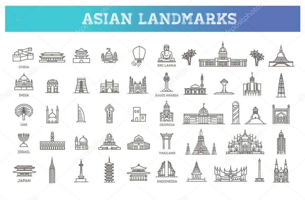 Flat line design style vector illustration icons set and logos of top tourist attractions, historical buildings, towers