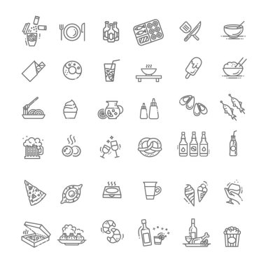 Yemek sahası simgeleri ayarlandı. Gıda mahkemelerinin ana hatları vektör simgeleri
