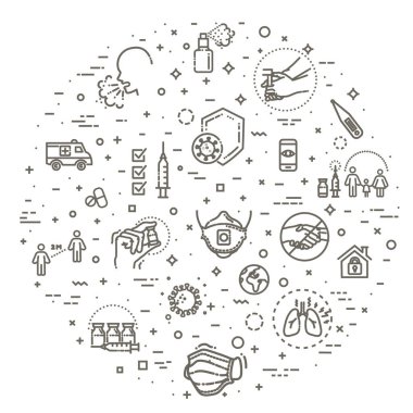 Viroloji ana hatları simgesi seti. Hijyen, dezenfeksiyon, semptomlar, tedavi, virüs, önleme